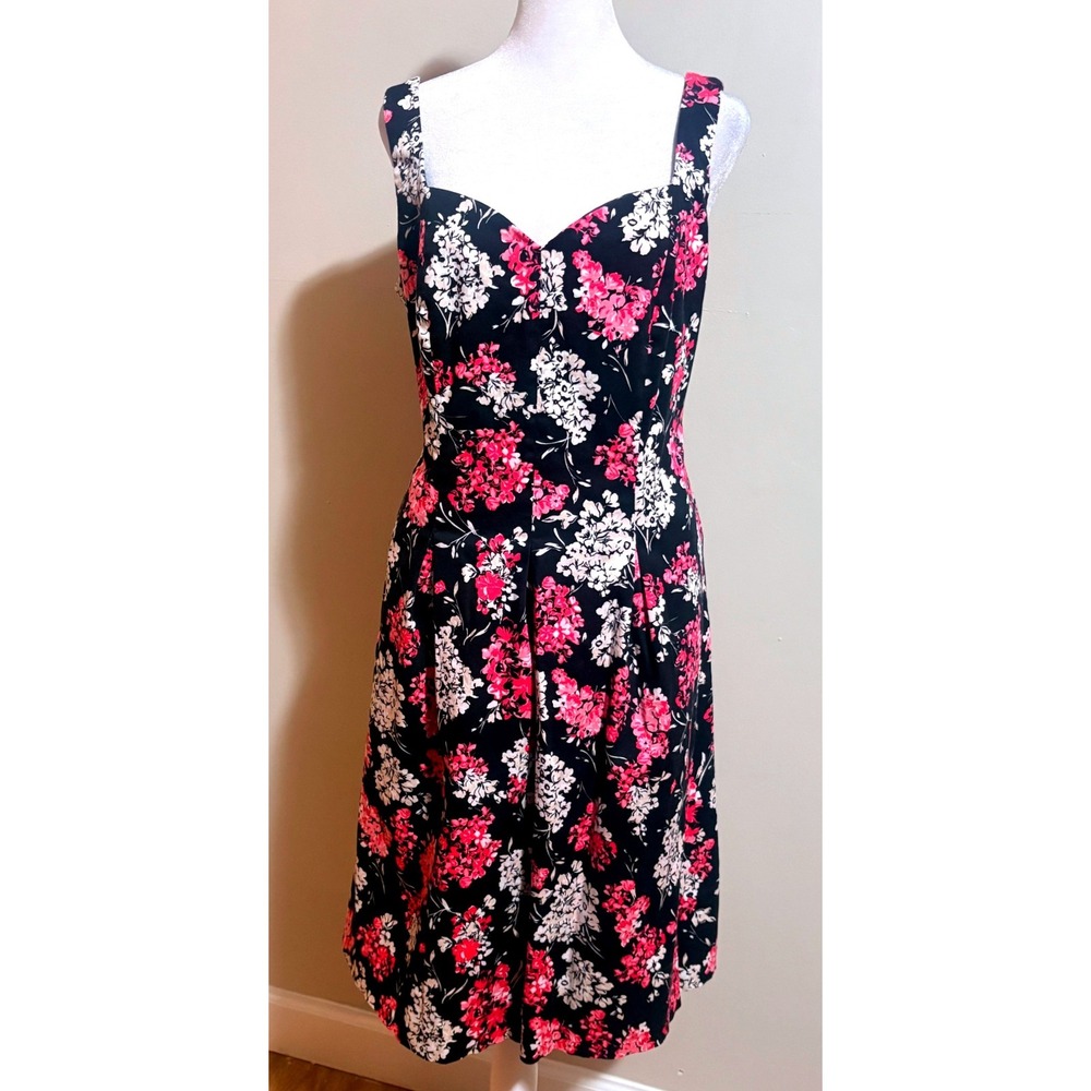 White House Black Market Floral Dress 14 Black Pink Excellent Fit Flare